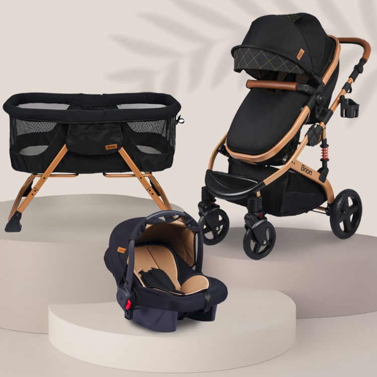 Brion - Brion Mila Çift Yönlü Travel Sistem Bebek Arabası ve Anne Yanı Sallanabilir Bebek Beşiği Yeni Doğan Set Gold - Siyah