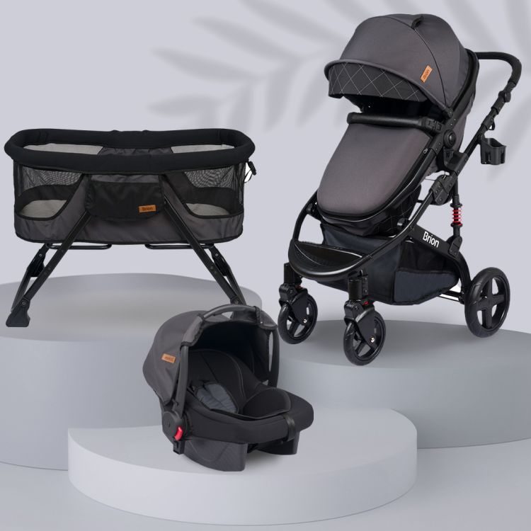 Brion - Brion Mila Çift Yönlü Travel Sistem Bebek Arabası ve Anne Yanı Sallanabilir Bebek Beşiği Yeni Doğan Set Siyah - Füme