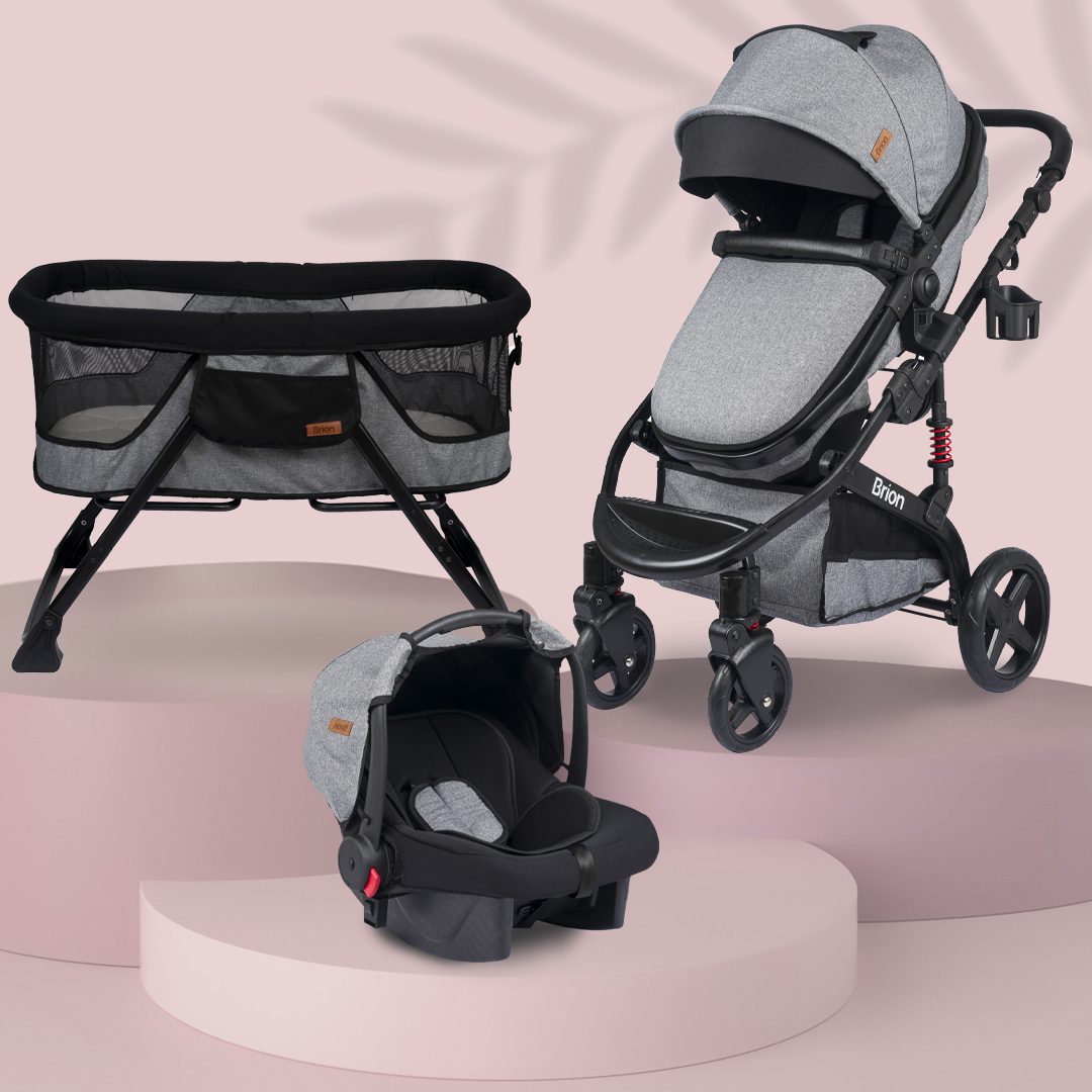Brion Mila Çift Yönlü Travel Sistem Bebek Arabası ve Anne Yanı Sallanabilir Bebek Beşiği Yeni Doğan Set Siyah - Gri