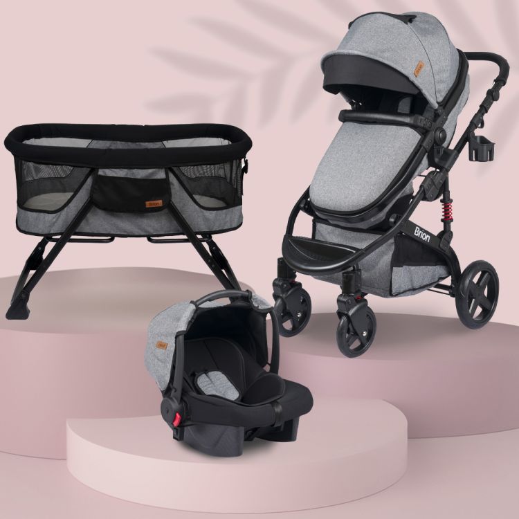 Brion - Brion Mila Çift Yönlü Travel Sistem Bebek Arabası ve Anne Yanı Sallanabilir Bebek Beşiği Yeni Doğan Set Siyah - Gri